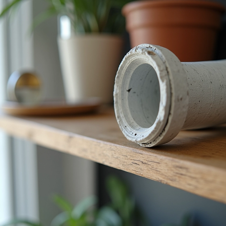 Detalhe de uma prateleira texturizada feita de cano de PVC.