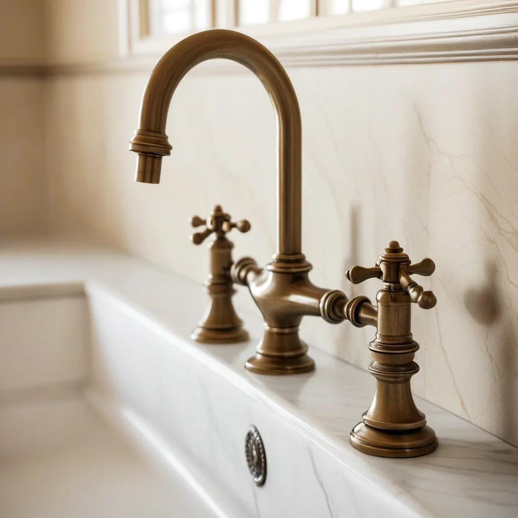 Detalhe de uma torneira vintage em um lavabo charmoso.