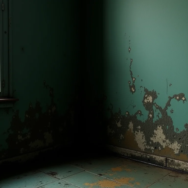 Detalhe de umidade excessiva causando mofo em canto de banheiro