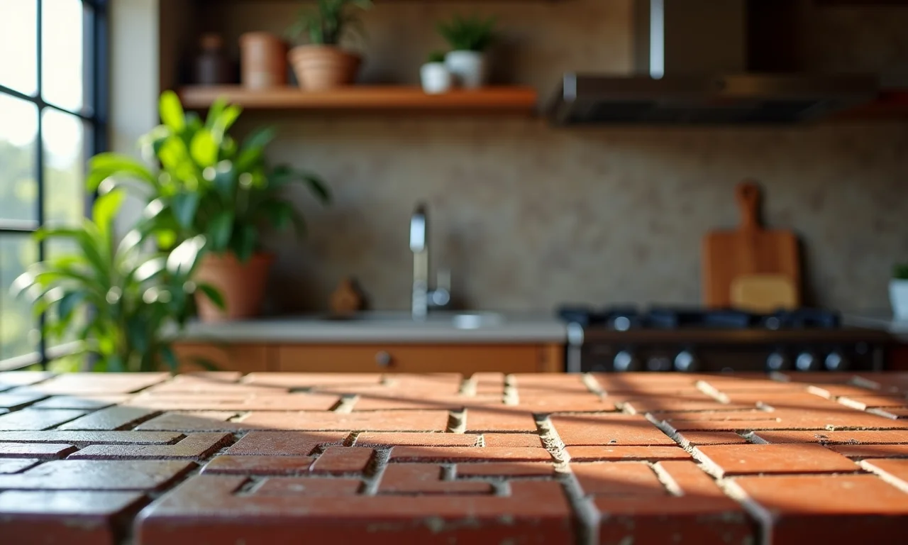 Detalhe do balcão de tijolinho à vista em cozinha americana, com charme e aconchego.