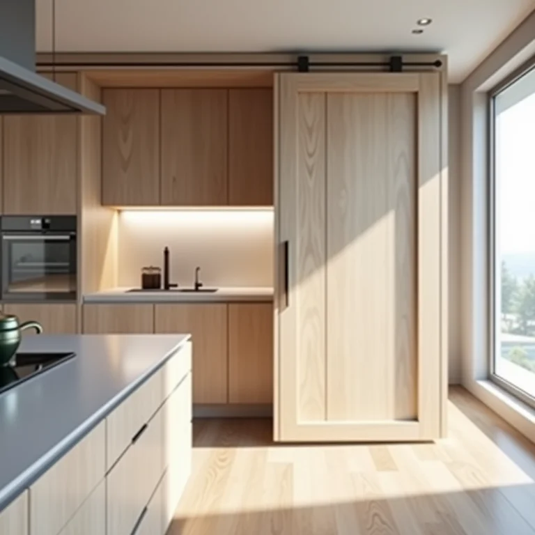 Detalhe do mecanismo de porta de correr em cozinha planejada.