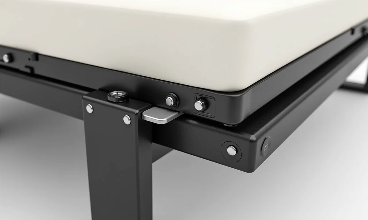 Detalhe do mecanismo de segurança de uma cama retrátil.