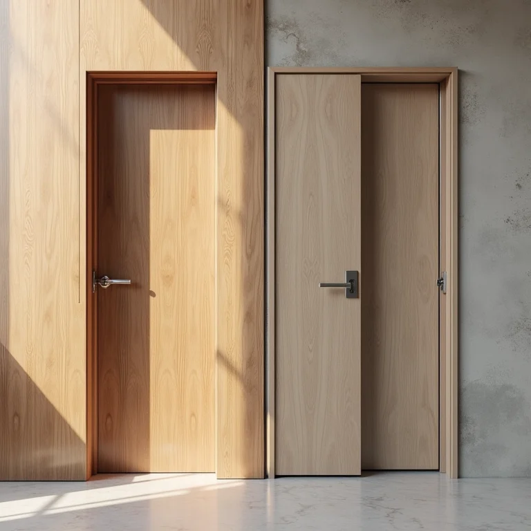 Detalhe dos materiais de uma porta pivotante