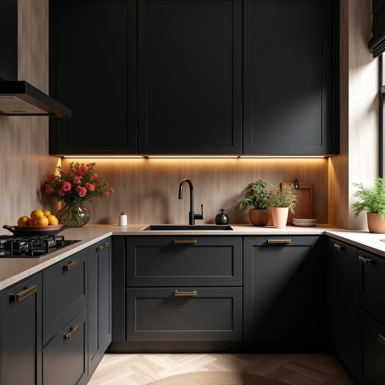 Detalhes cuidadosamente escolhidos em cozinha pequena com armários pretos