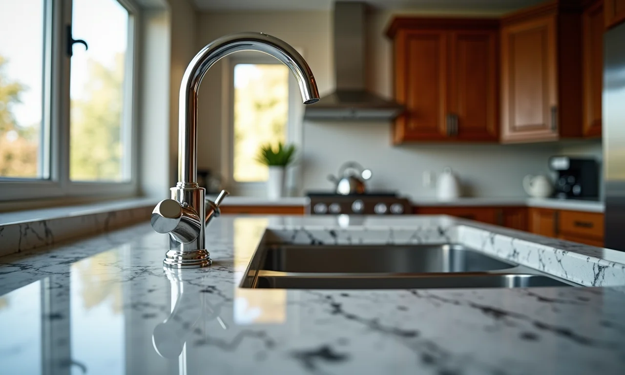 Detalhes de acabamentos de alta qualidade: granito, torneira de luxo, armário sob medida.