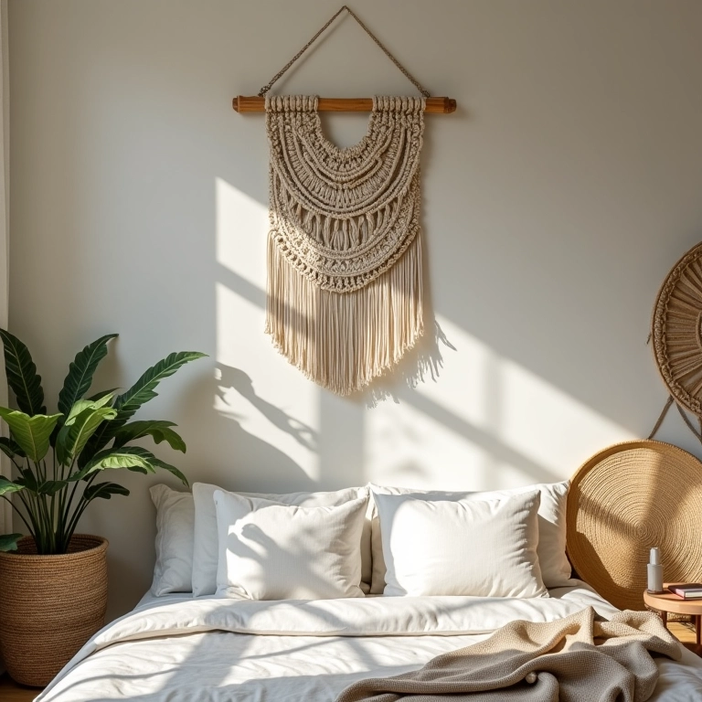 Detalhes de decoração em quarto boho.