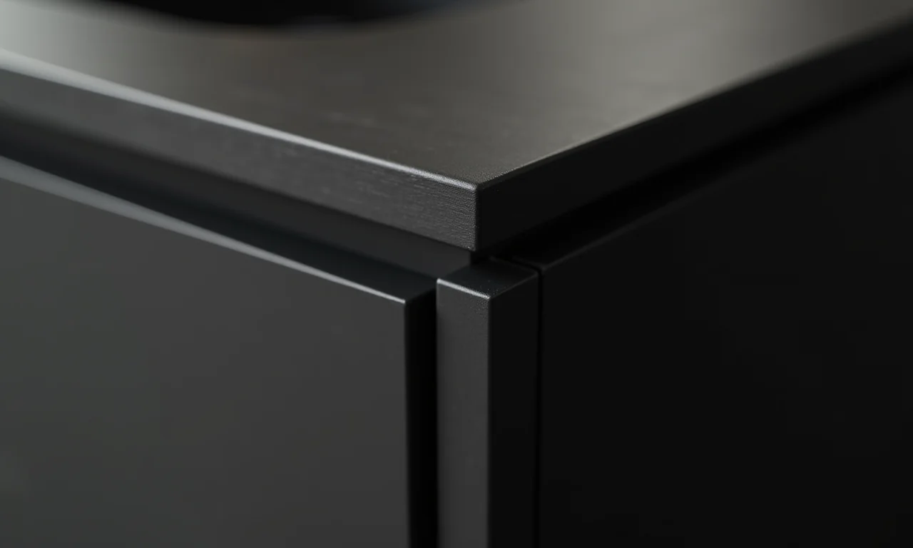 Detalhes de materiais de gabinete de banheiro preto: madeira, MDF e laca.