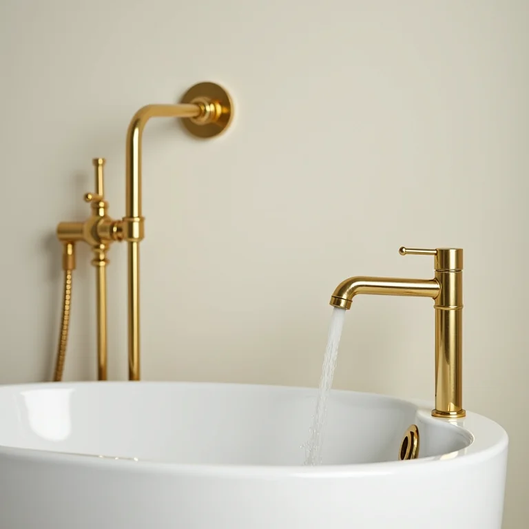 Detalhes de metais dourados em um banheiro clássico.