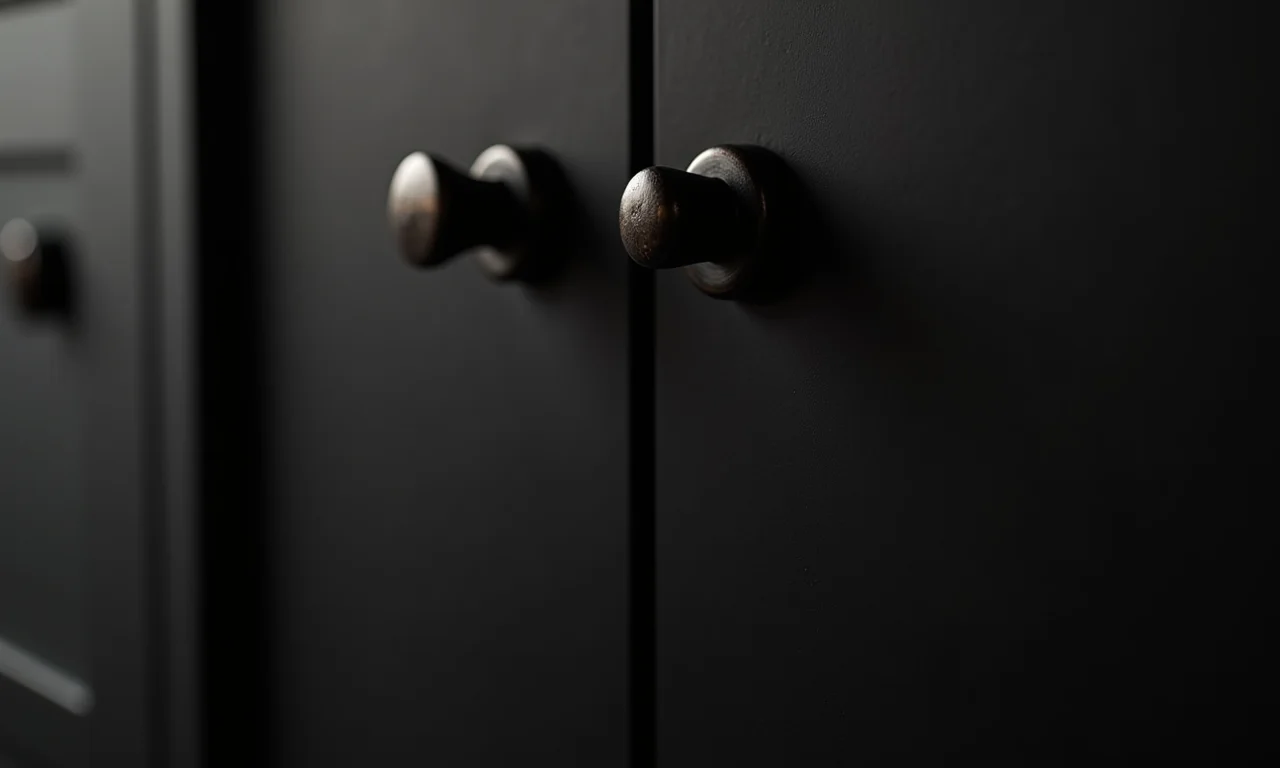 Detalhes de um gabinete preto: puxadores, texturas e acessórios.