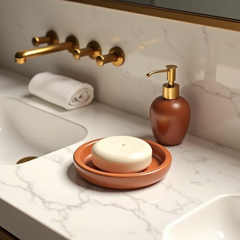 Detalhes em banheiro com toques de terracota