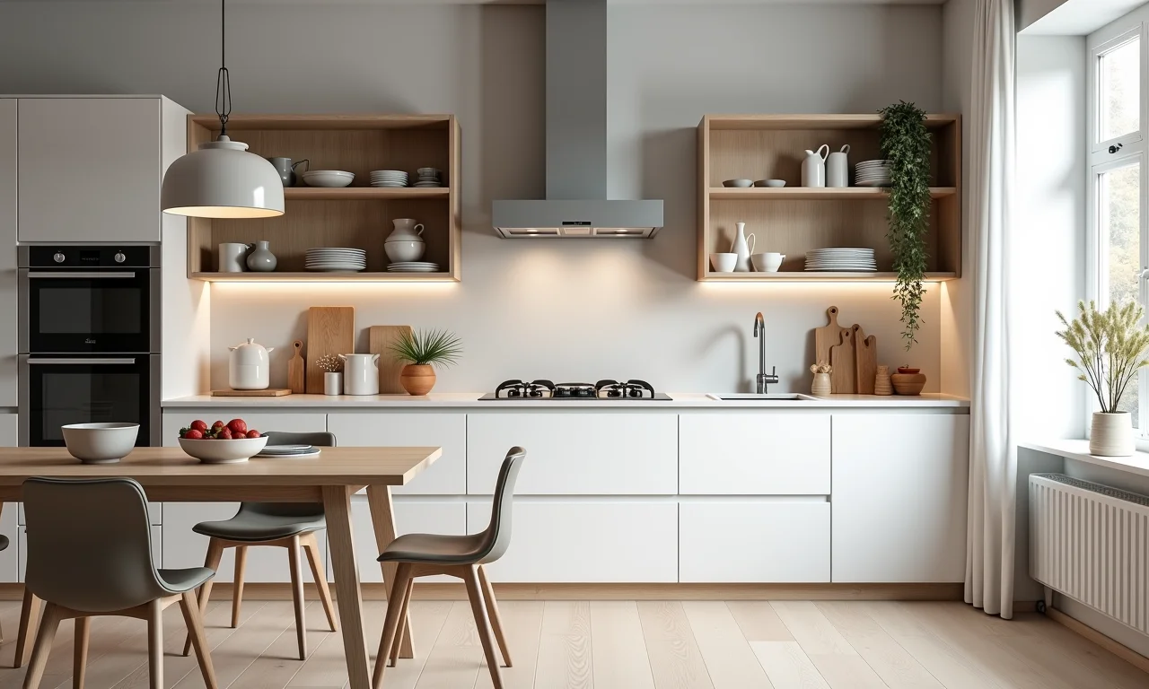 Detalhes em cores neutras em uma cozinha escandinava, harmonizando o ambiente.