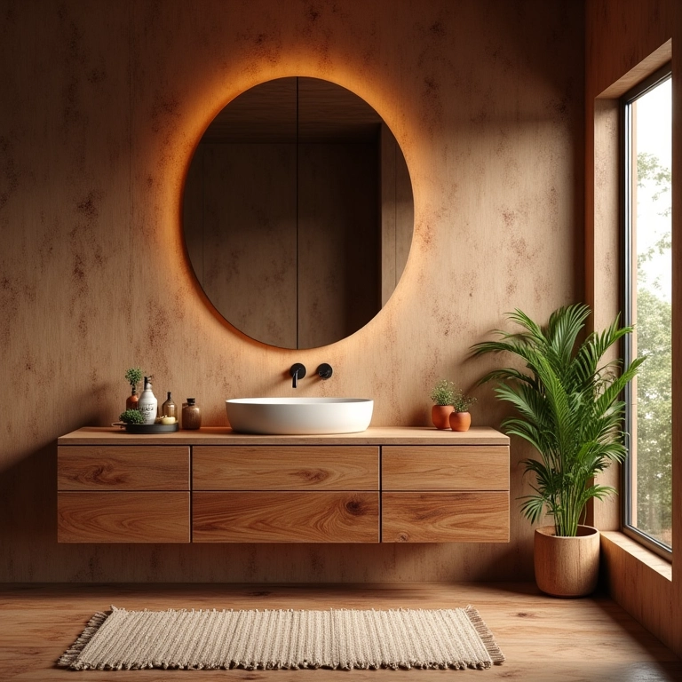 Detalhes em madeira em banheiro rústico com cimento queimado.