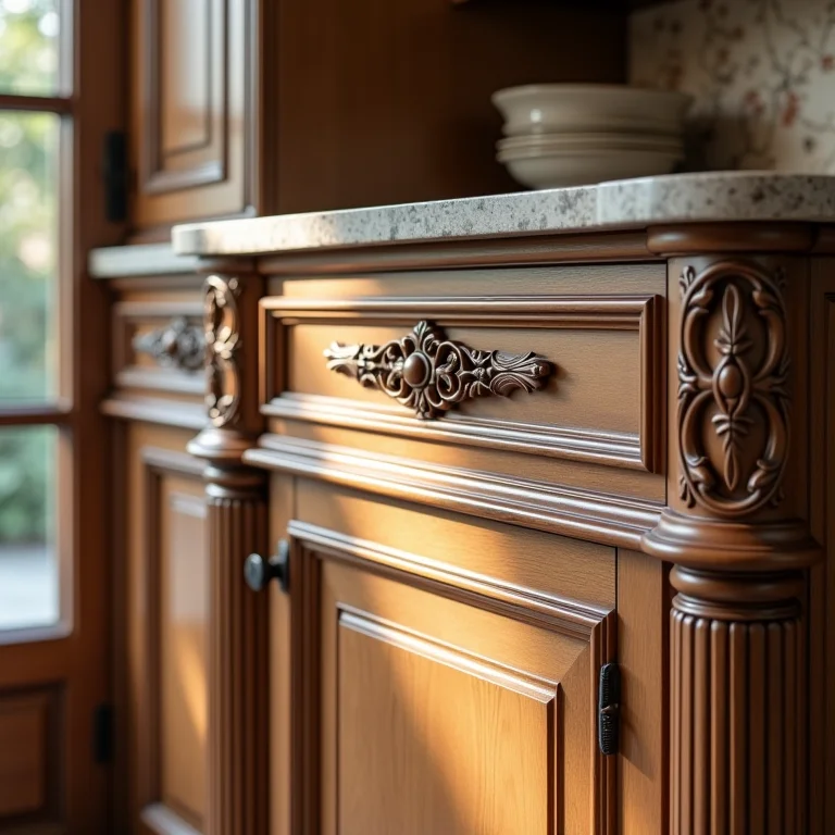 Detalhes entalhados em armários de cozinha clássicos, mostrando a arte e a tradição.