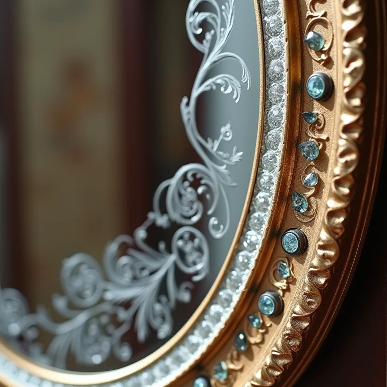 Detalhes intrincados de um espelho veneziano.