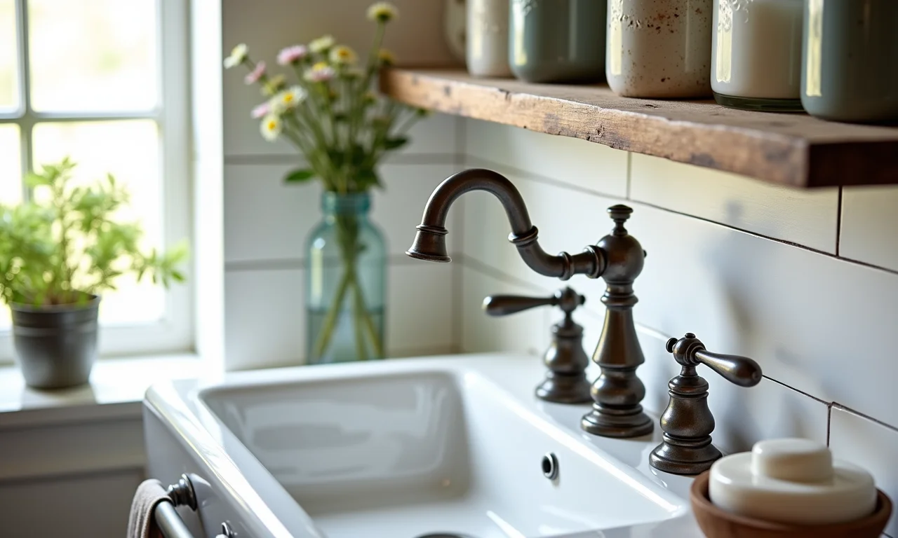 Detalhes vintage e rústicos em um charmoso banheiro farmhouse.