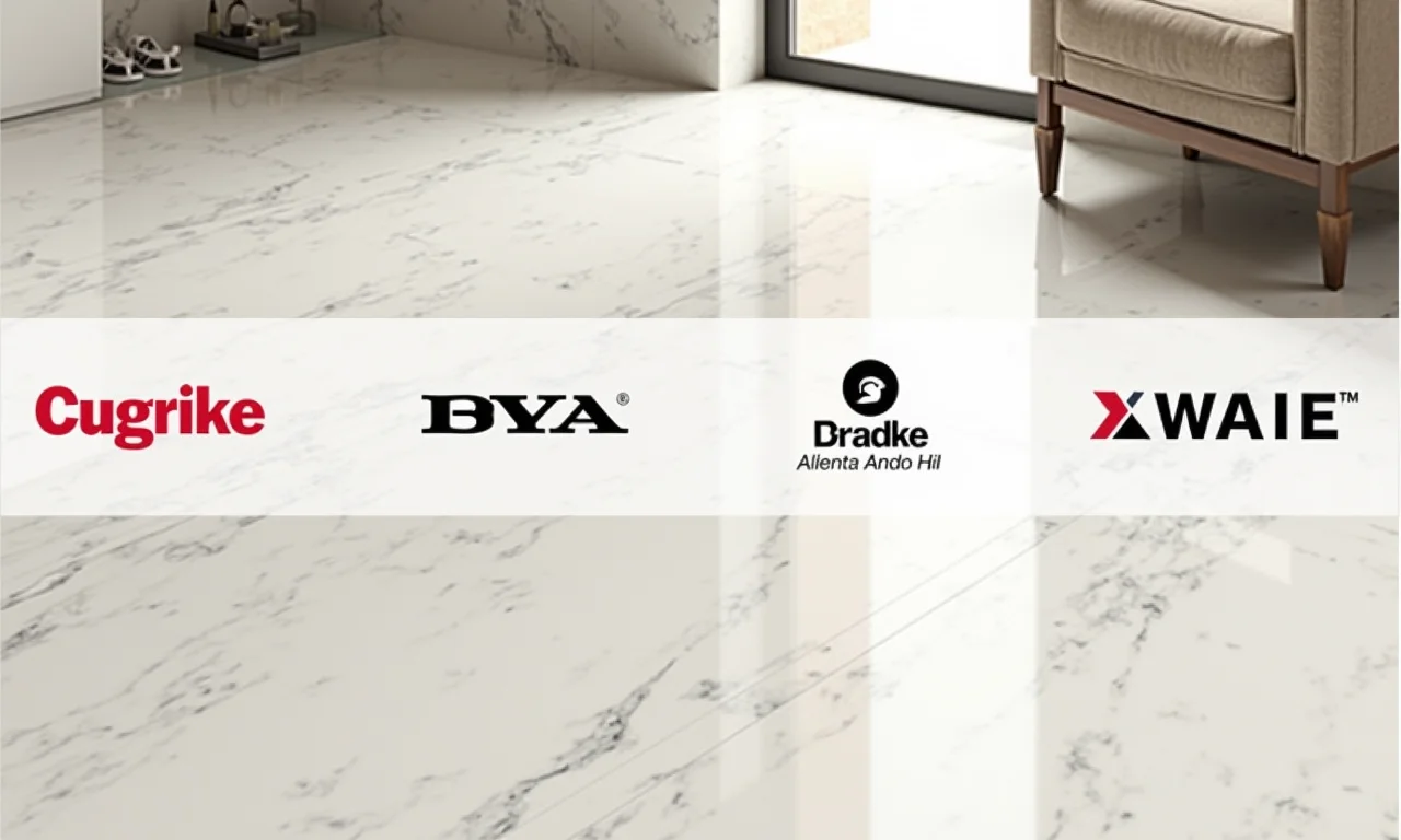 Diferentes marcas de porcelanato marmorizado em exposição.