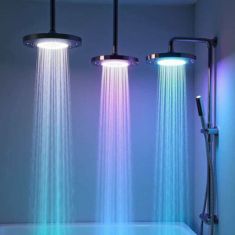 Diferentes tipos de chuveiros com LED: cascata, manual e ajustável.