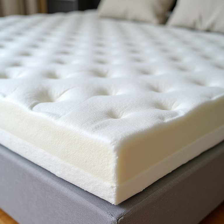 Diferentes tipos de colchão em cima de uma cama box (memory foam, mola, látex).
