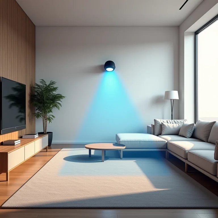 Direção do sensor de presença cobrindo uma área ampla de detecção.