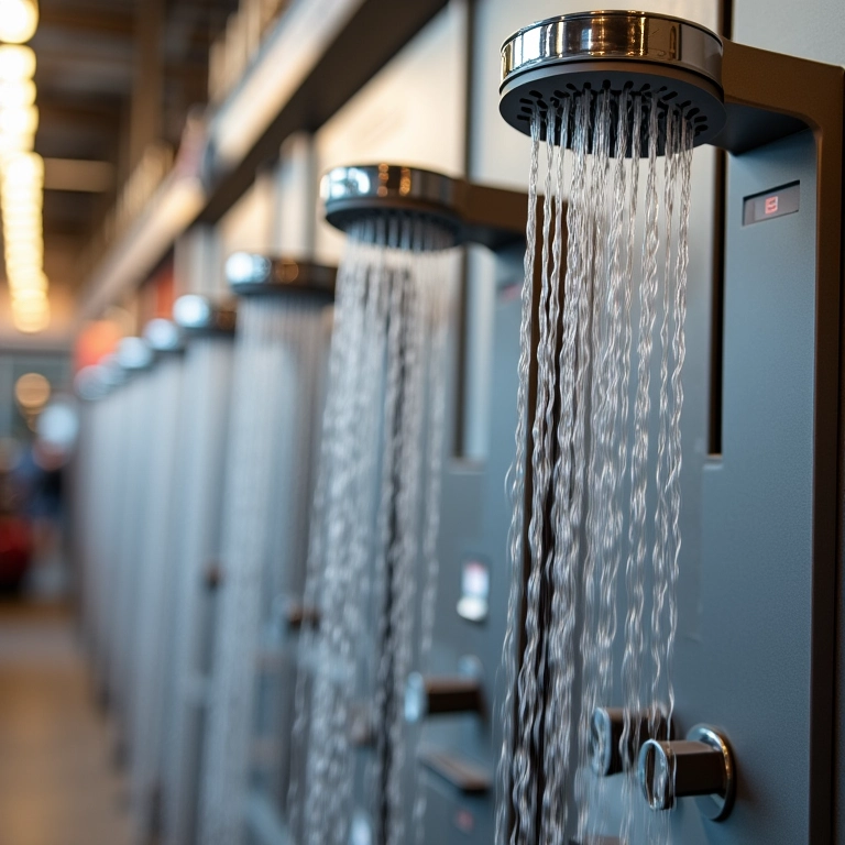 Diversos modelos de duchas expostos em loja, com diferentes designs.