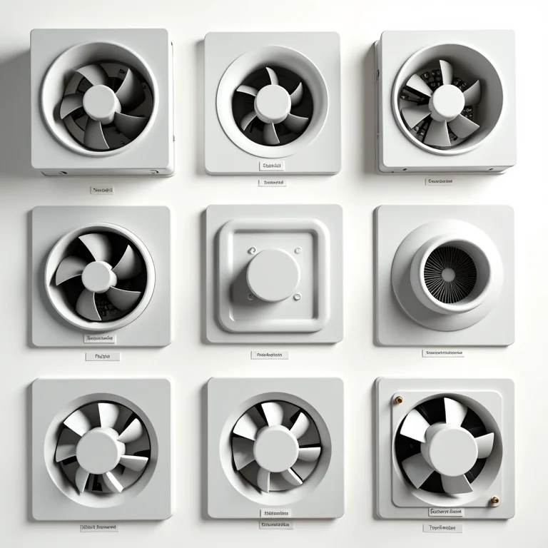 Diversos tipos de exaustores de banheiro organizados em um flat lay