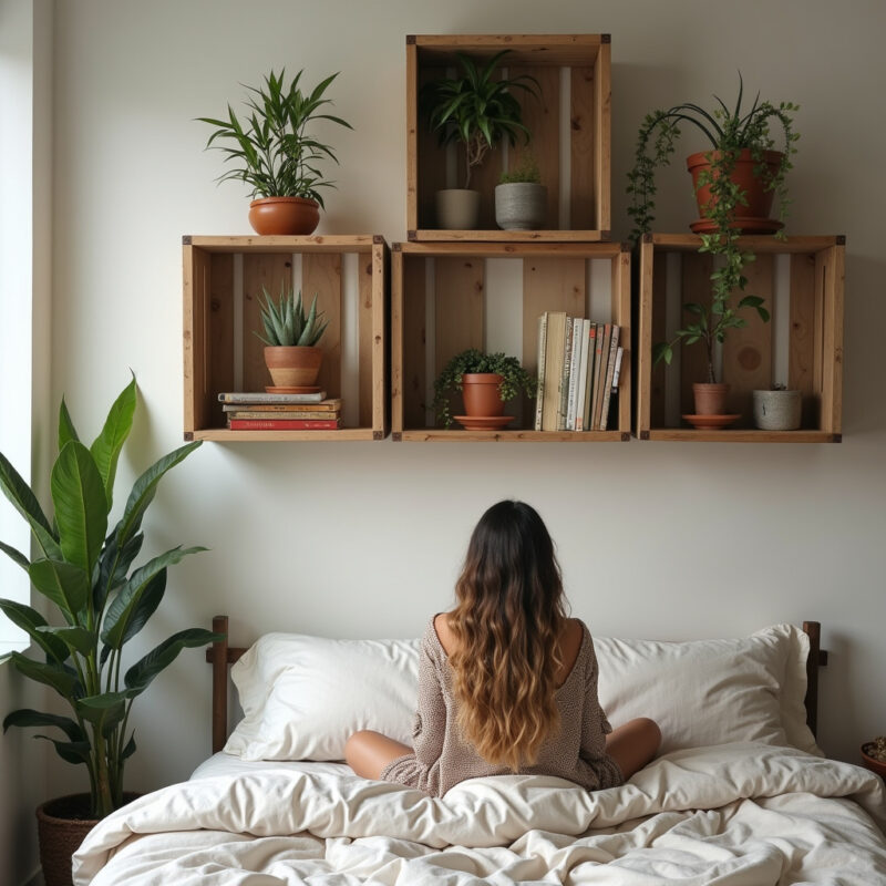 DIY bedroom decor, wooden crates shelves. Young woman, Brazilian style, plants, lifestyle ideias-de-decoracao-com-artesanato-diy