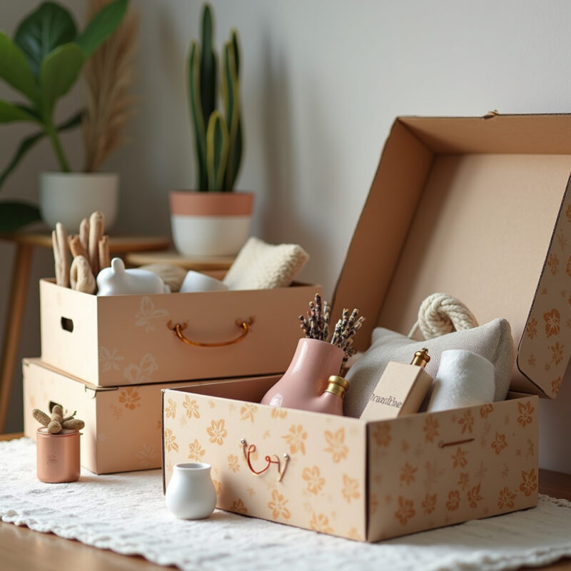 DIY decorated boxes, organizing objects. Young adult, Brazilian style, lifestyle photography, 8K ideias-de-decoracao-com-artesanato-diy