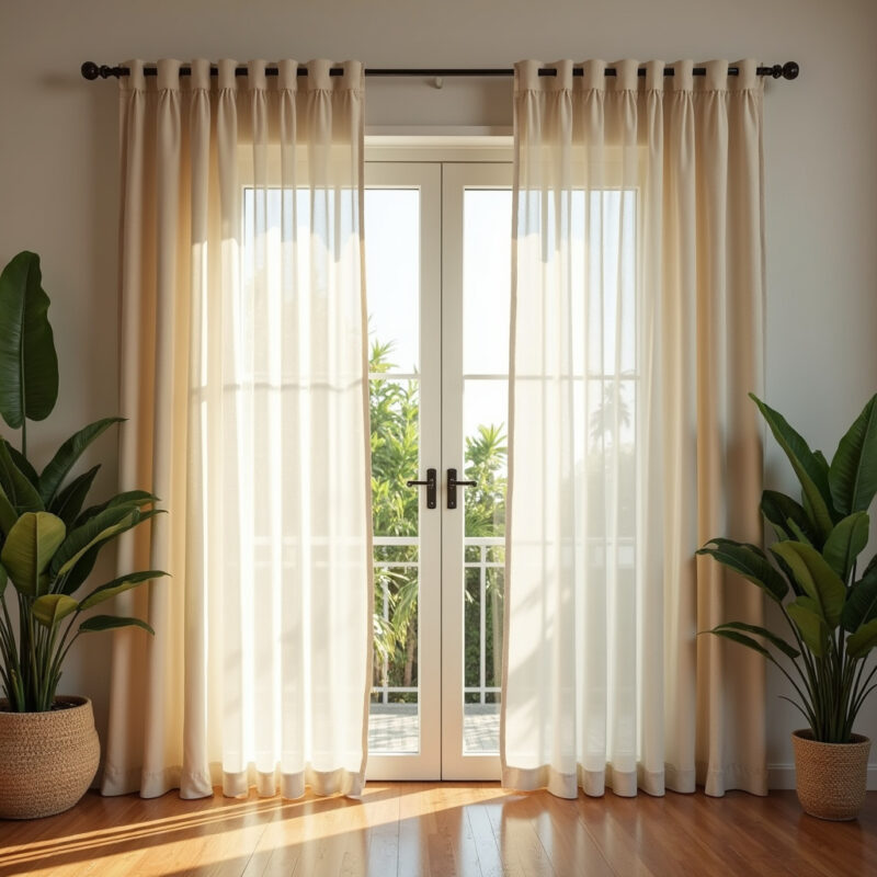DIY fabric strip curtains, natural light. Brazilian interior, plants, lifestyle photography, 8K ideias-de-decoracao-com-artesanato-diy