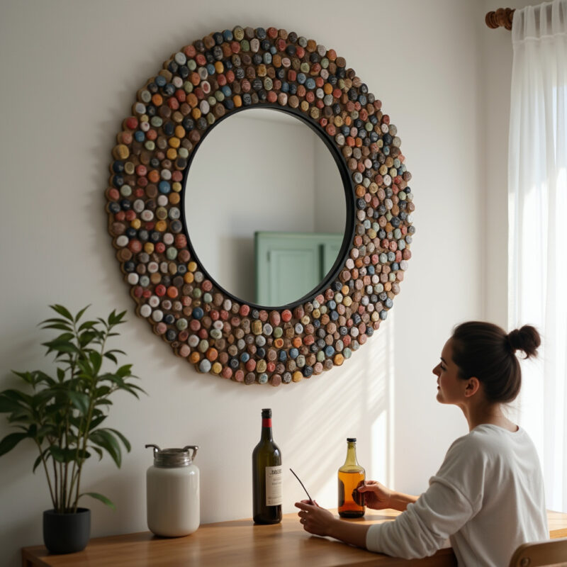 DIY mirror wall decor, bottle caps. Middle age woman, Brazilian home, lifestyle photography, 8K ideias-de-decoracao-com-artesanato-diy