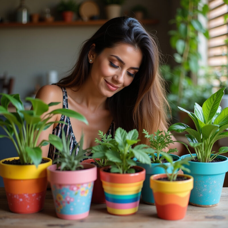 DIY painted plant pots, recycled materials. Brazilian woman, vibrant colors, plants, lifestyle ideias-de-decoracao-com-artesanato-diy