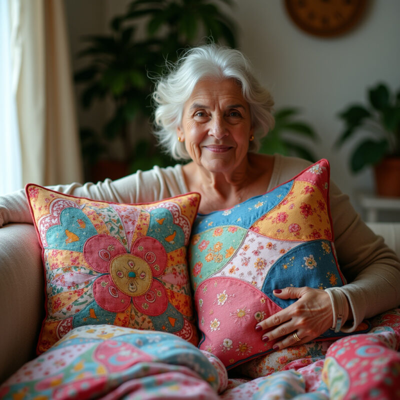 DIY patchwork pillows, colorful fabrics. Mature woman, Brazilian home, lifestyle photography, 8K ideias-de-decoracao-com-artesanato-diy