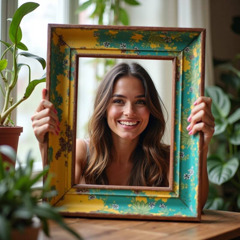 DIY recycled frame art. Woman smiling, natural light, vibrant colors, Brazilian decor, plants, ideias-de-decoracao-com-artesanato-diy