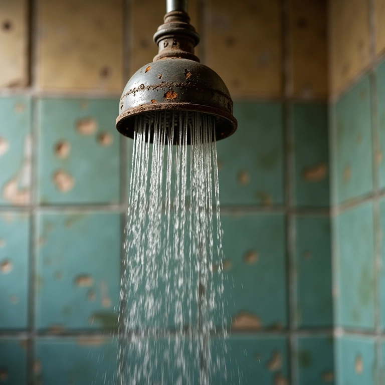 Ducha antiga e enferrujada com baixa pressão de água em banheiro precisando de reforma.