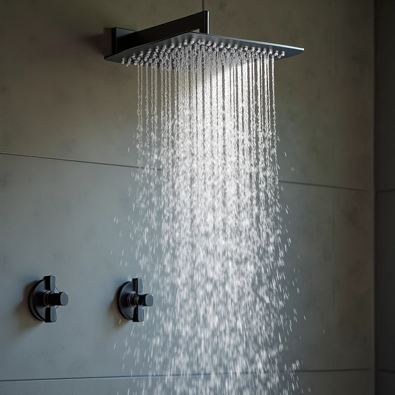 Ducha grande tipo 'rain shower' proporcionando banho luxuoso em banheiro moderno.