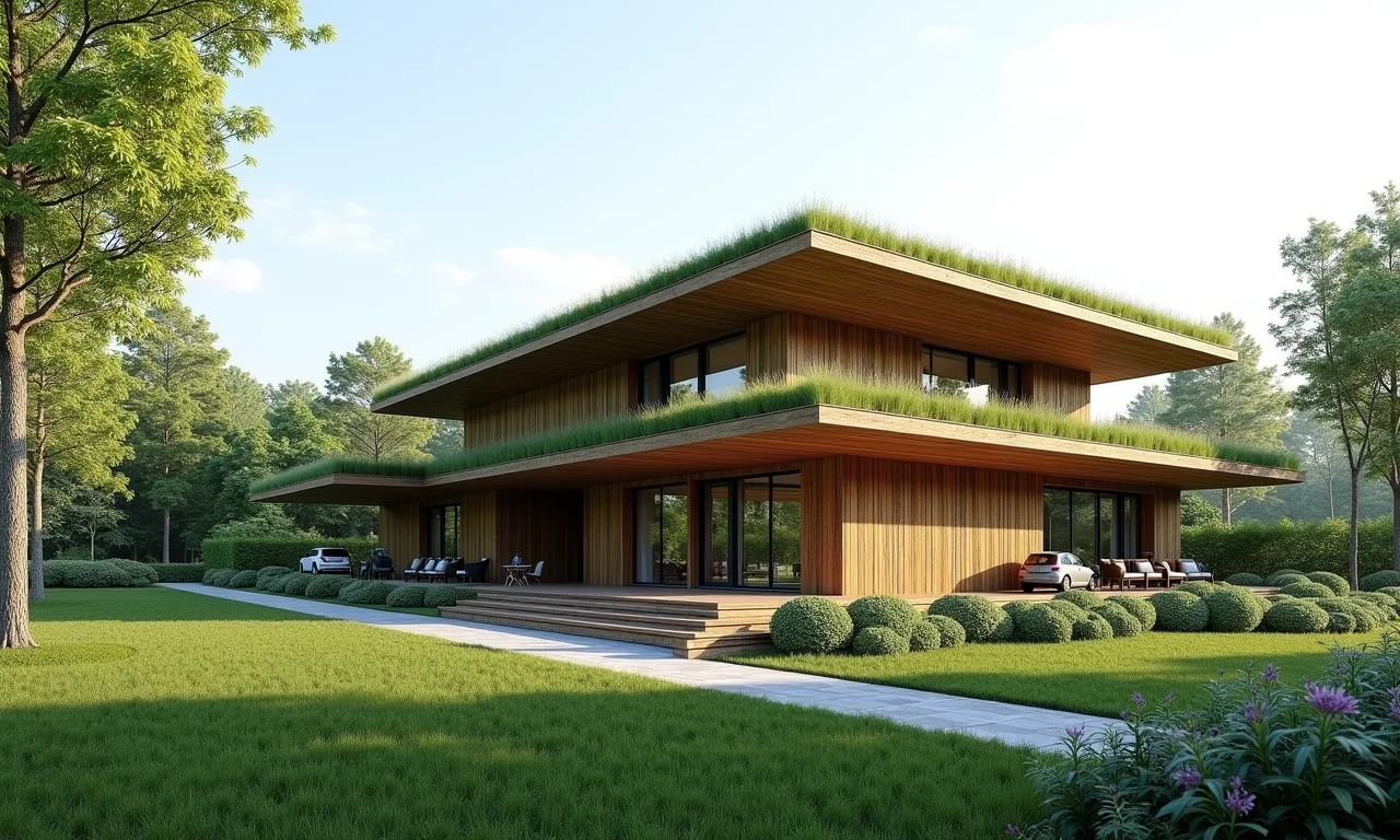 Edifício contemporâneo sustentável com telhado verde e materiais naturais.