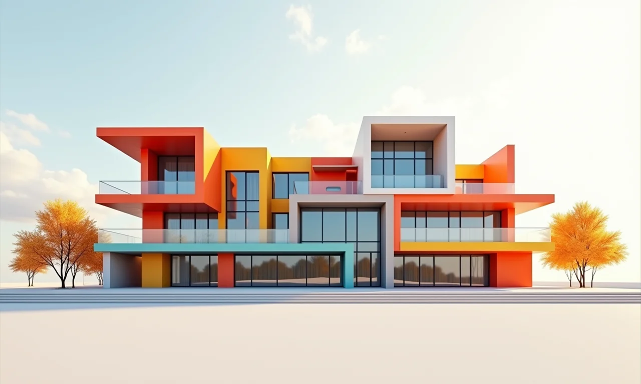 Edifício pós-moderno com formas lúdicas e elementos coloridos.