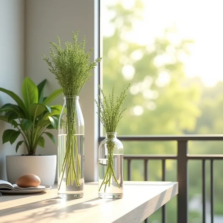 Elegantes vasos suspensos com ervas aromáticas.