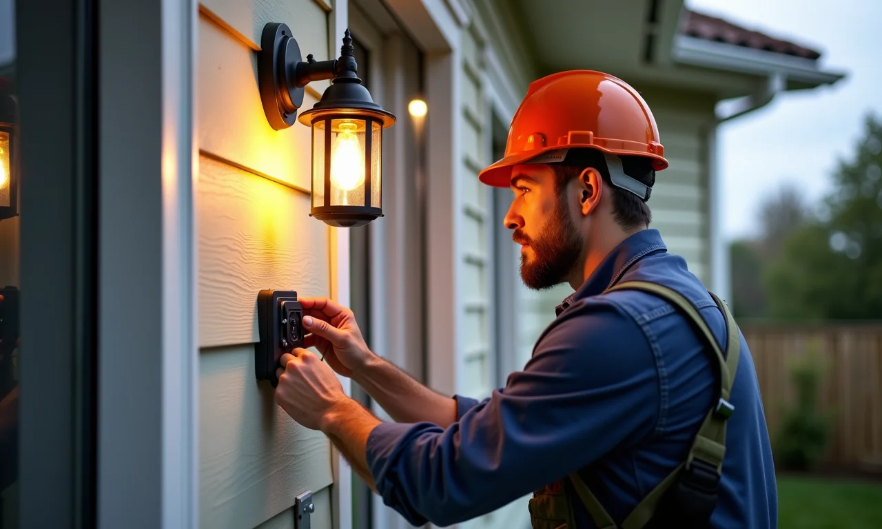 Eletricista instalando arandela externa com segurança.