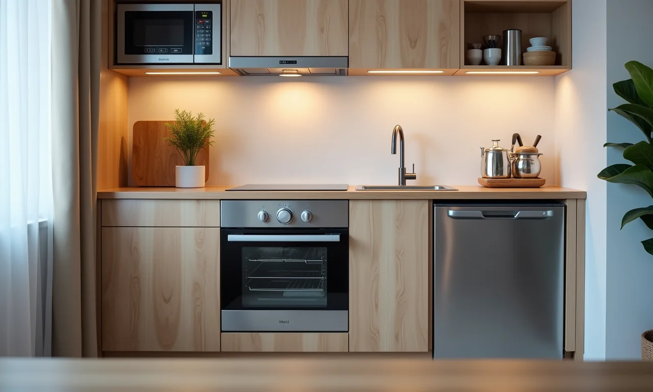 Eletrodomésticos compactos e multifuncionais em cozinha pequena planejada.