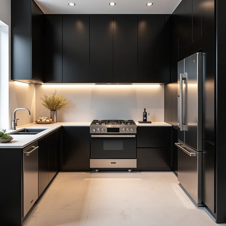 Eletrodomésticos desalinhados em cozinha americana moderna.