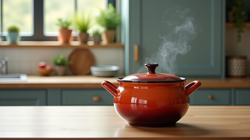 Enameled cauldron pot, colorful, kitchen decor, modern, natural light, lifestyle photography, 8K Panela caldeirão esmaltada com design moderno.