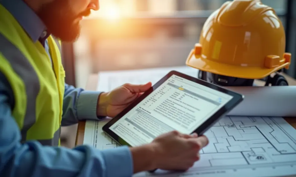 Engenheiro civil usando tablet para gerenciar diário de obra digital.