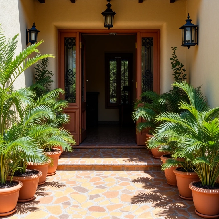 Entrada charmosa com plantas em vasos e elementos decorativos.