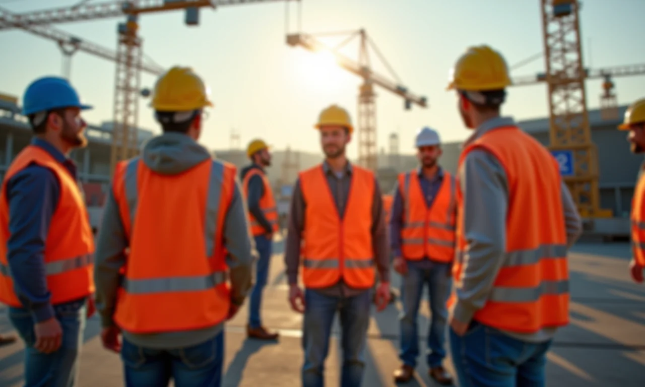 Equipe de construção diversificada trabalhando em obra.