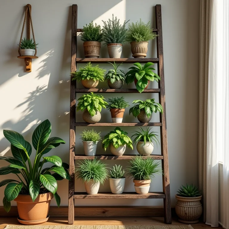 Escada decorativa vintage como suporte para plantas.