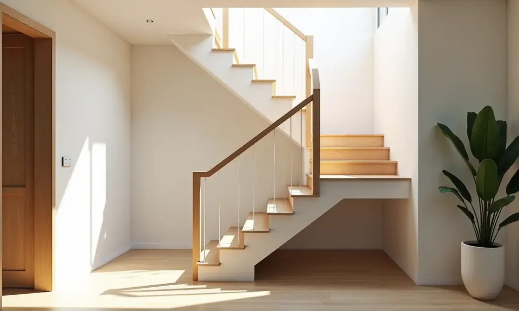 Corrimão: A altura e o material ideal para sua escada Escada moderna com corrimão de madeira clara em residência brasileira iluminada.