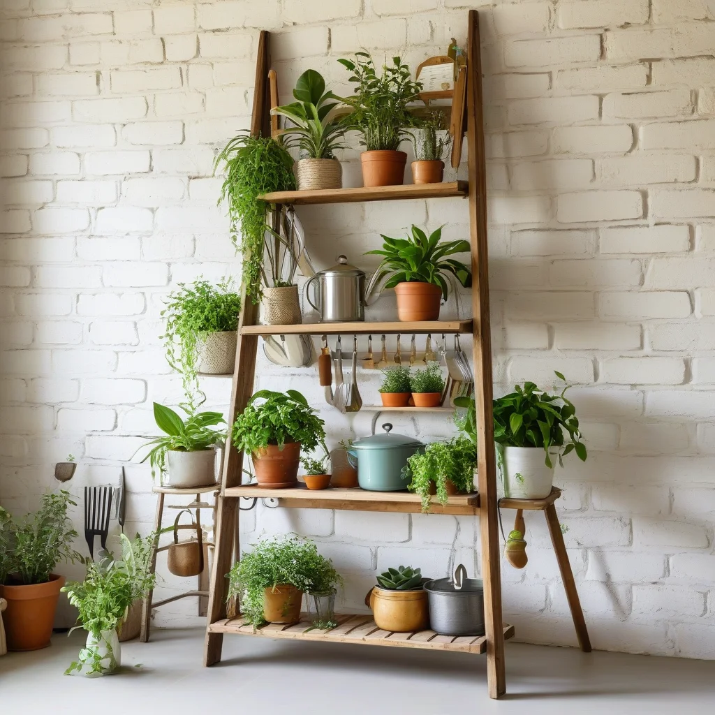 Escada reaproveitada como prateleira na cozinha