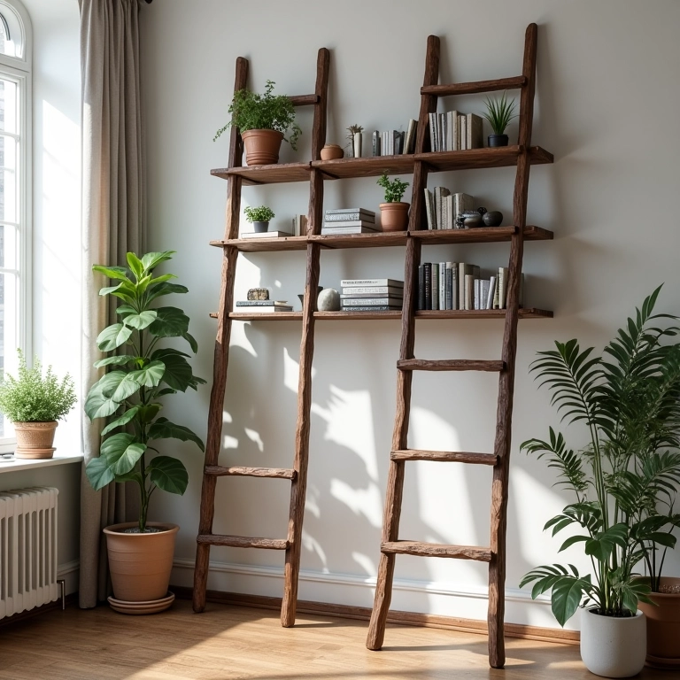 Escadas antigas como prateleiras e suportes.