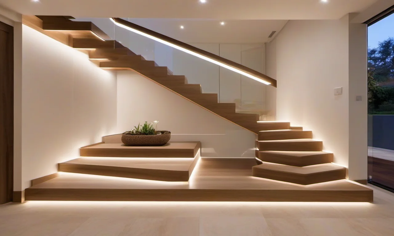 Escadas iluminadas com fitas de LED nos degraus.