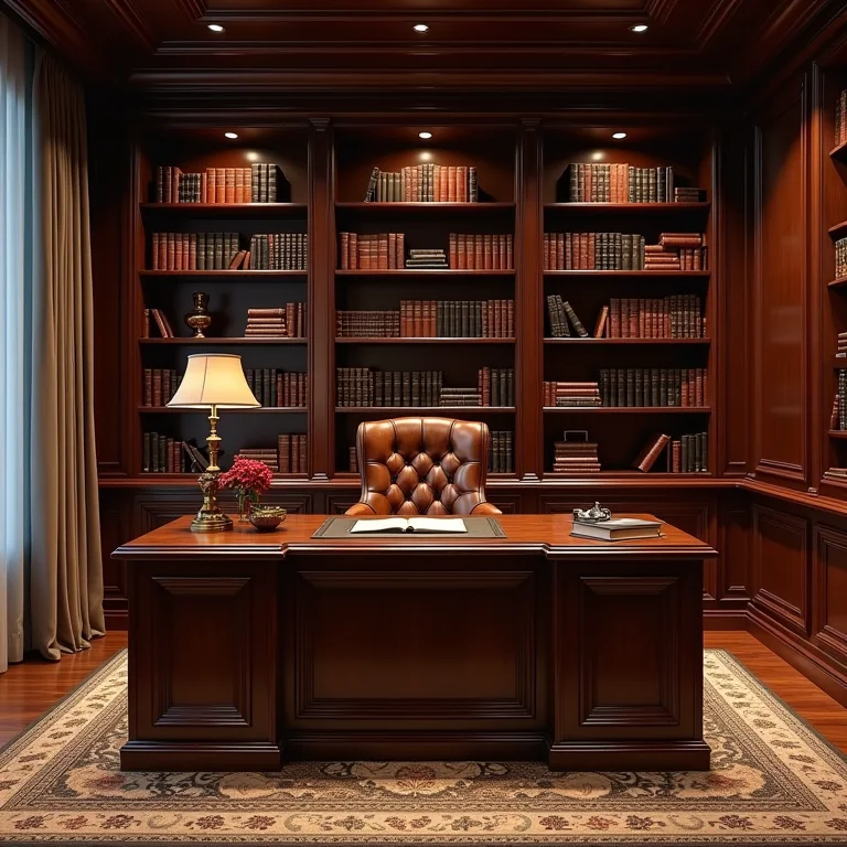 Escritório clássico com mesa de madeira e cadeira de couro.